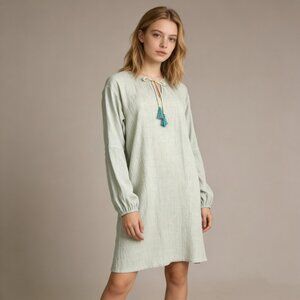 NWOT JOHNNY WAS Calme Tie Neck Long Sleeves Knee Length Dress Green Size S